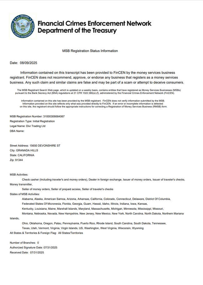 迪维交易(加拿大)成功获得美国财政部金融犯罪执法网络(fincen)msb金融牌照,迈向国际化新篇章