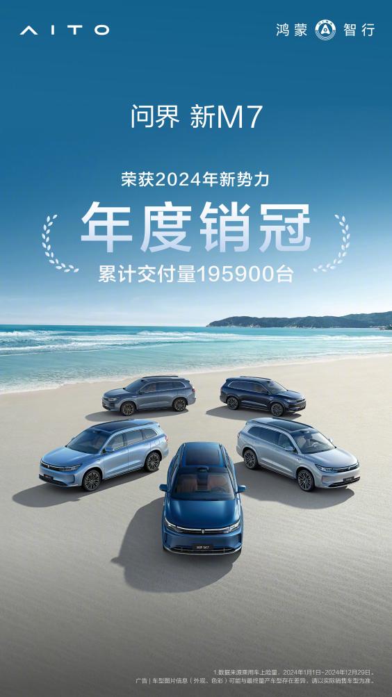 荣获2024年新势力车型年度销冠，问界新m7年度累计交付新车19.7万辆